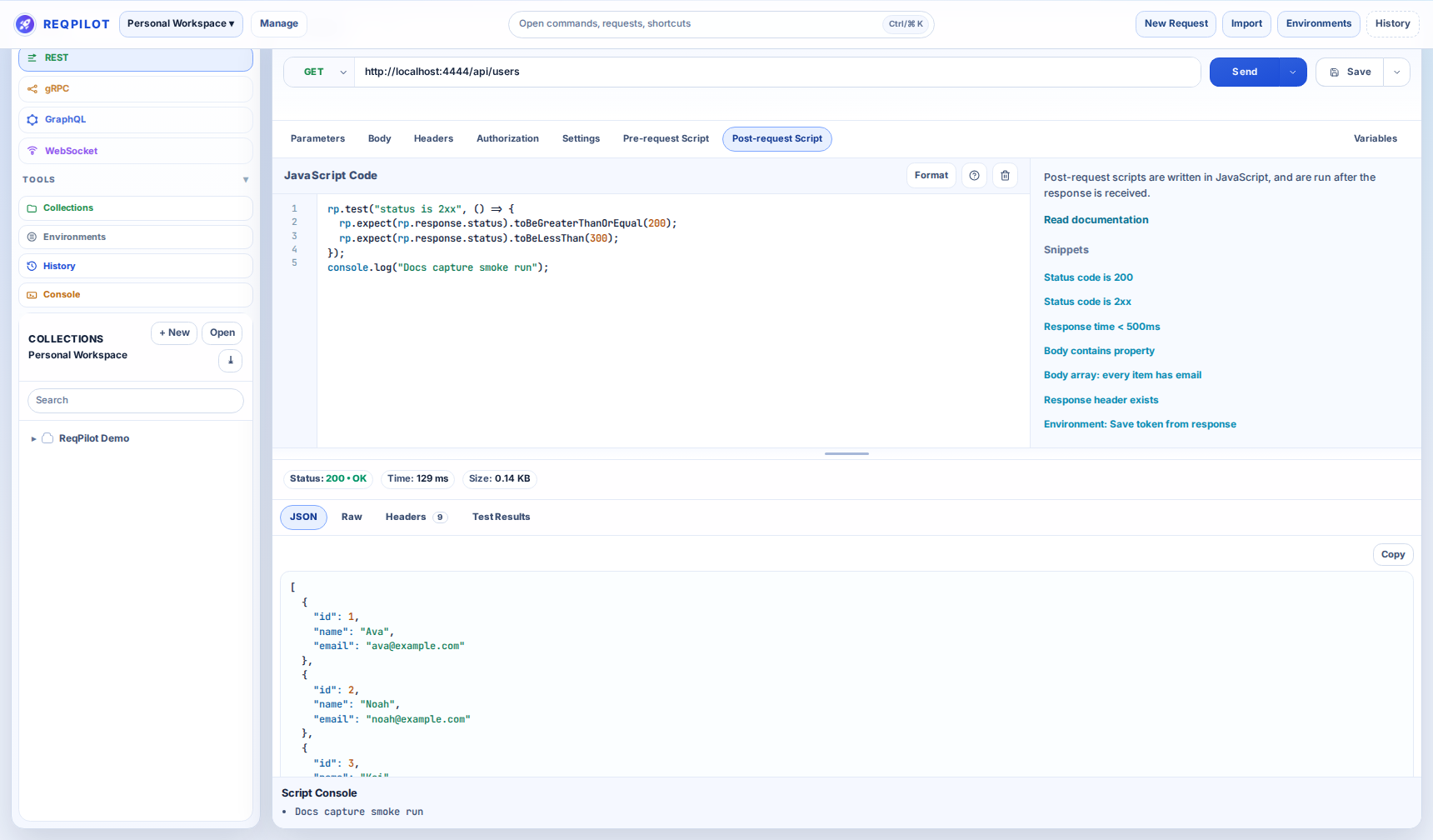 ReqPilot app overview with request and response