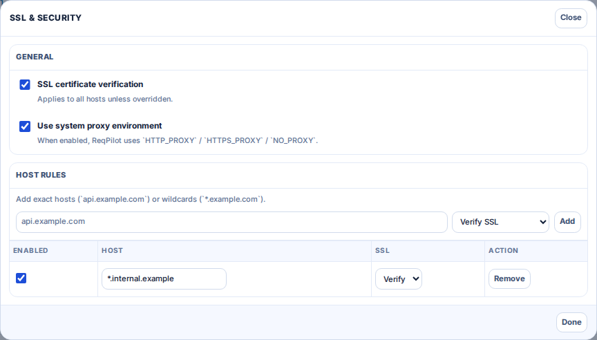 SSL and security settings modal