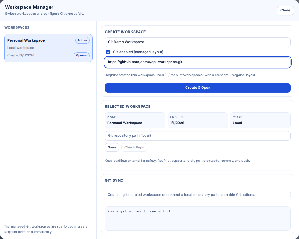 Workspace manager with Git options